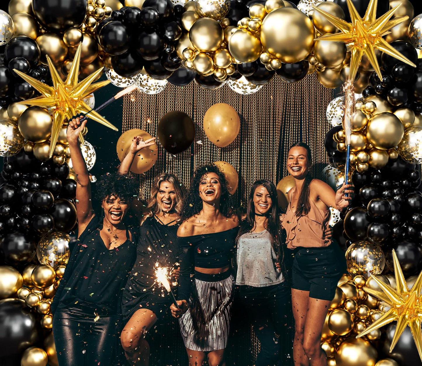 Black and Gold Balloons Garland Arch Kit with Black Gold Confetti Balloons