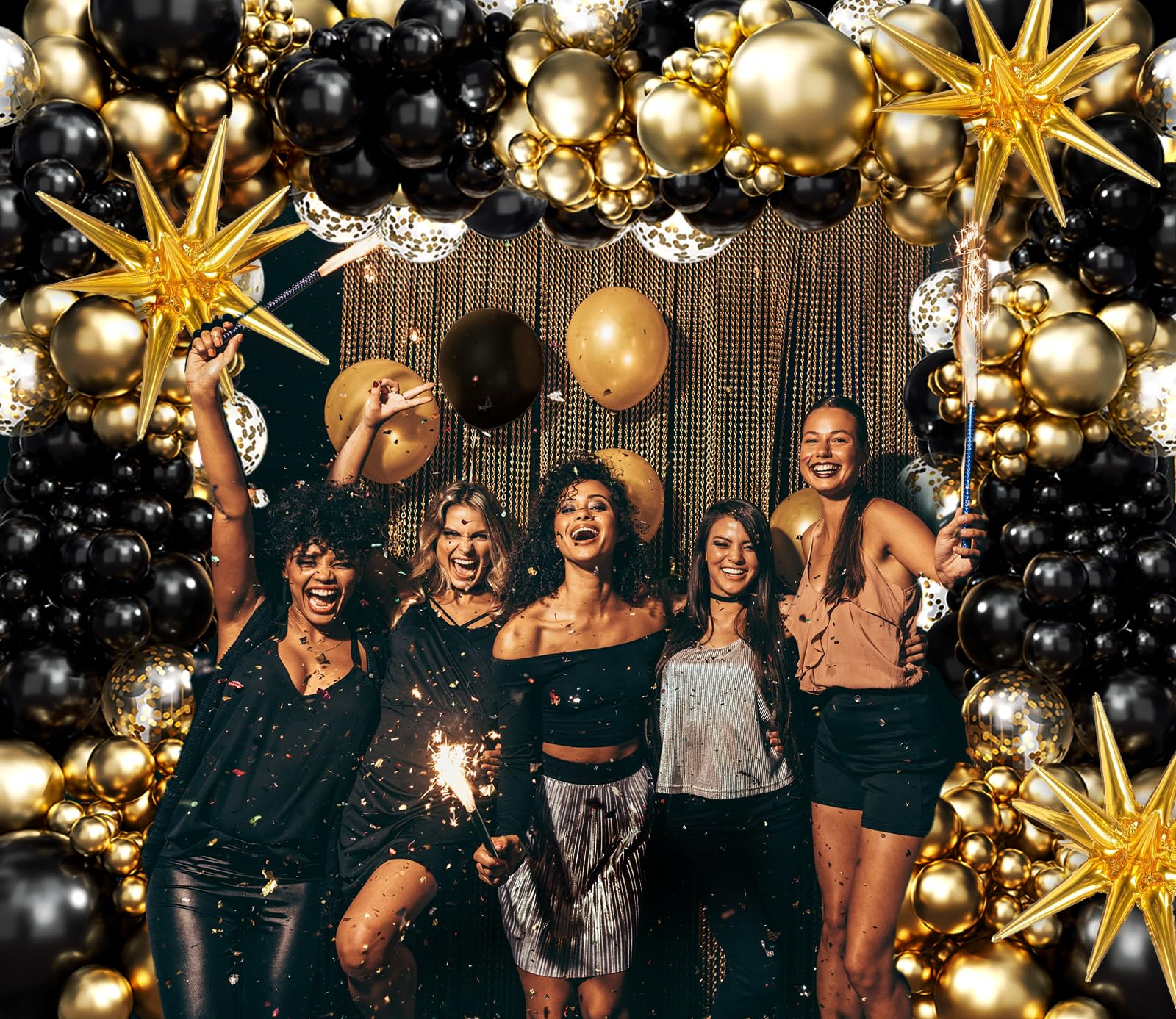 Black and Gold Balloons Garland Arch Kit with Black Gold Confetti Balloons
