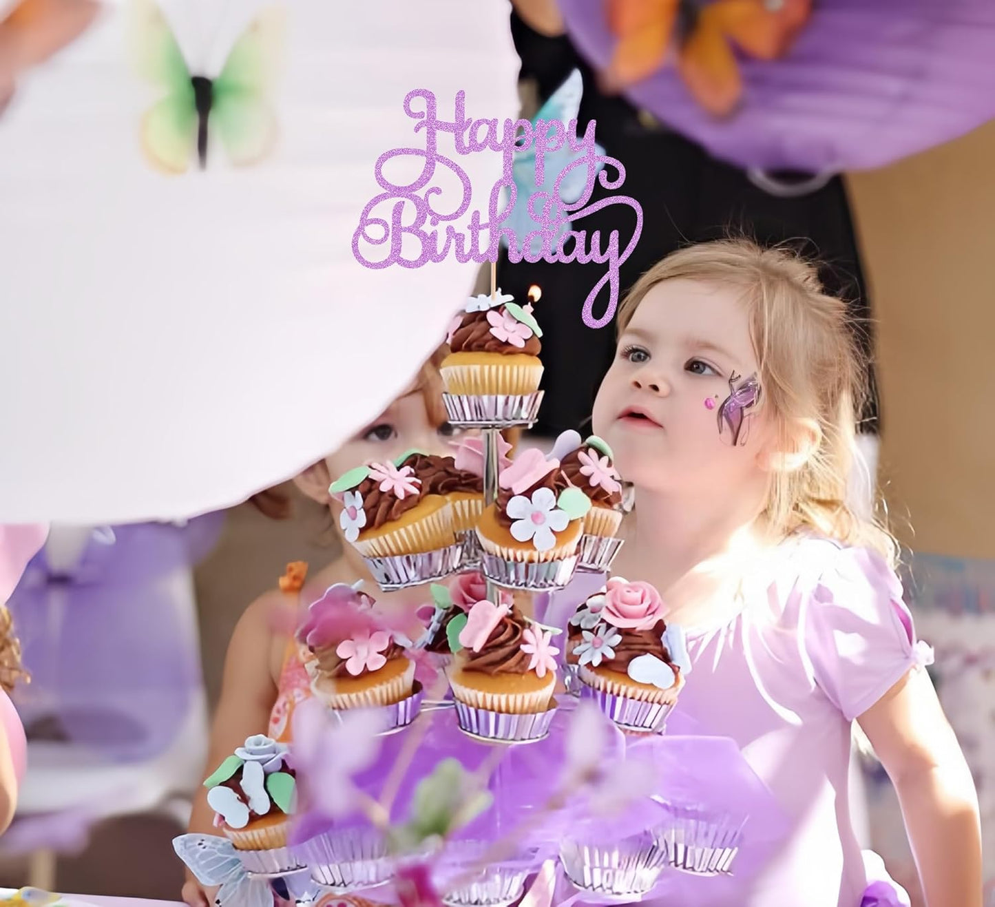 Happy Birthday Cake Topper - Purple Glitter Birthday Party Cake Decoration Supplies - Happy Birthday Cake Decor, for Anniversary/Birthday Party Supplies Photo Booth Props