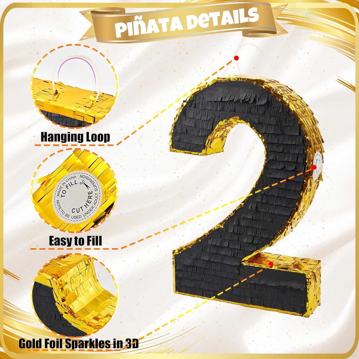 PCFING 20 Inch Number 2 Piñata Gold Black with 30 Inch Piñata Stick Blindfold Confetti for Man Women Boys Girls Birthday Party Decorations, Anniversary Celebration, Fiesta
