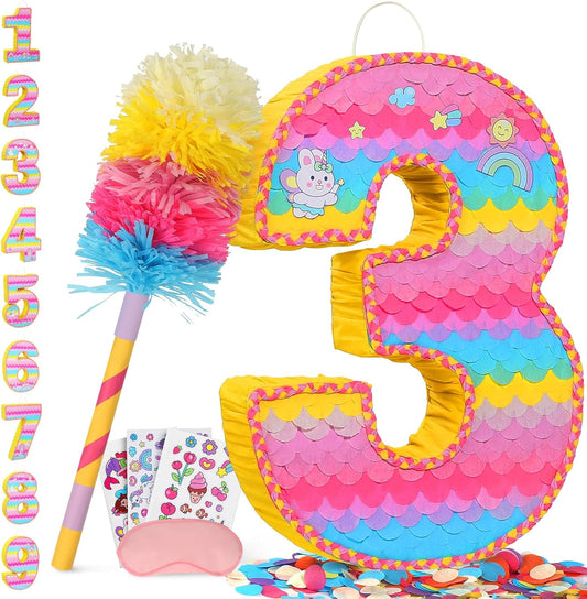 Number 3 Pinata for Birthday Party Decorations, Unicorn Mermaid Theme Pink Piñata Games Toy (3th)