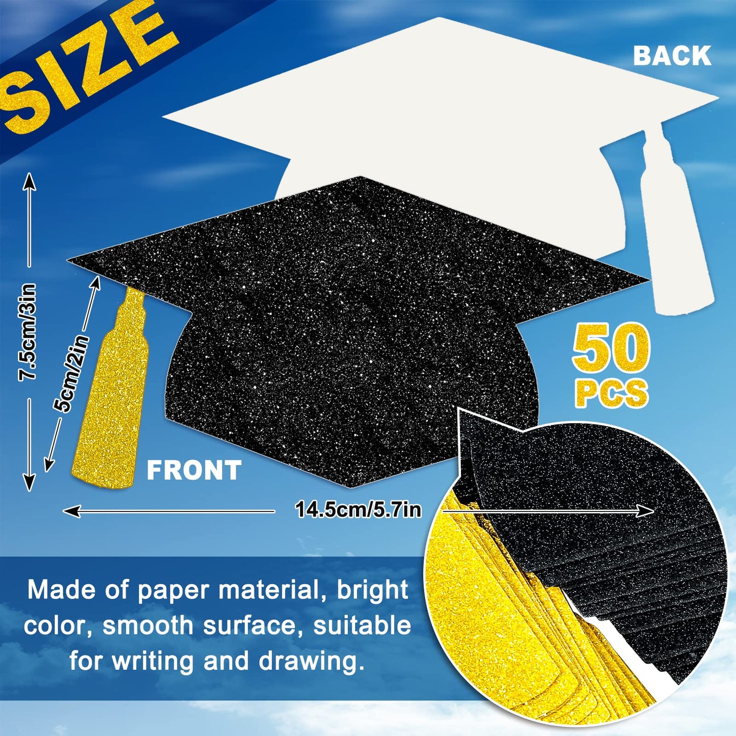 Whaline 50Pcs Grad Caps Cutouts Glitter Black Gold Graduation Hat Cutouts 5.7 Inch Grad Cap