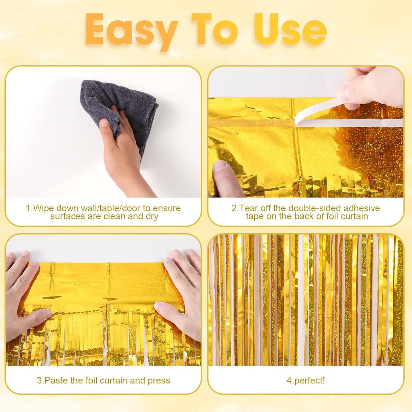 2 Pack Laser Gold Tinsel Foil Fringe Curtains, Gold Party Decorations, Metallic Tinsel Party Streamers Backdrop for Birthday Baby Shower Graduation Wedding New Years Party Decorations