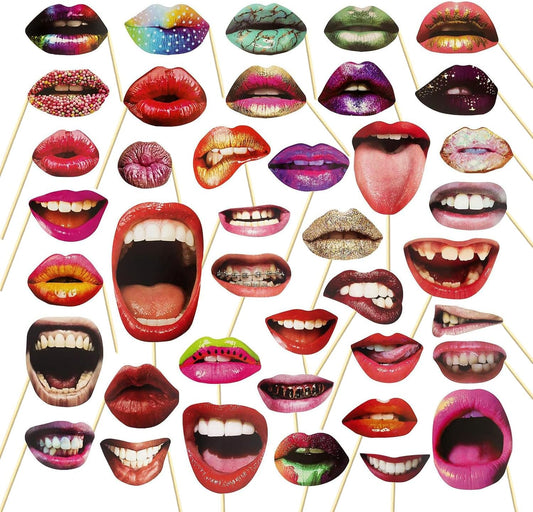 40pcs Party Photo Booth Props, Funny Lips Mouth Selfie Props Accessories with Stick for Halloween Birthday Wedding Graduation Supplies Decoration