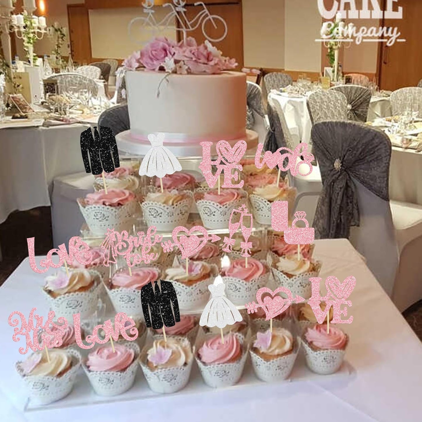 Ephlyn 30Pcs Bride to be Cupcake Toppers Glitter Wedding Cake Topper Decorations I Do Love Heart Ring Cupcake Picks for Bridal Shower Wedding Engagement Party Supplies Pink