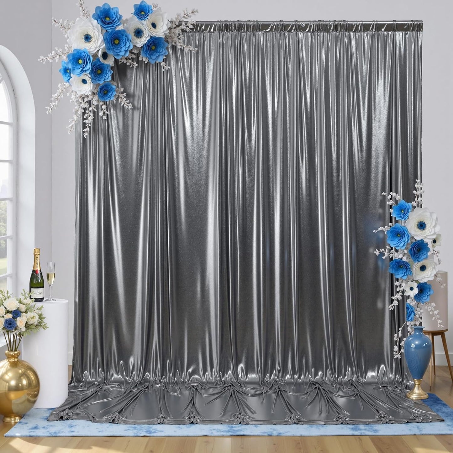 gogoparti 20x10FT Charcoal Silver Sequin Backdrop Curtain - 4 Panels of 5x10FT Wrinkle-Free Glitter Drapes for Photography, Birthdays, Weddings & Graduations