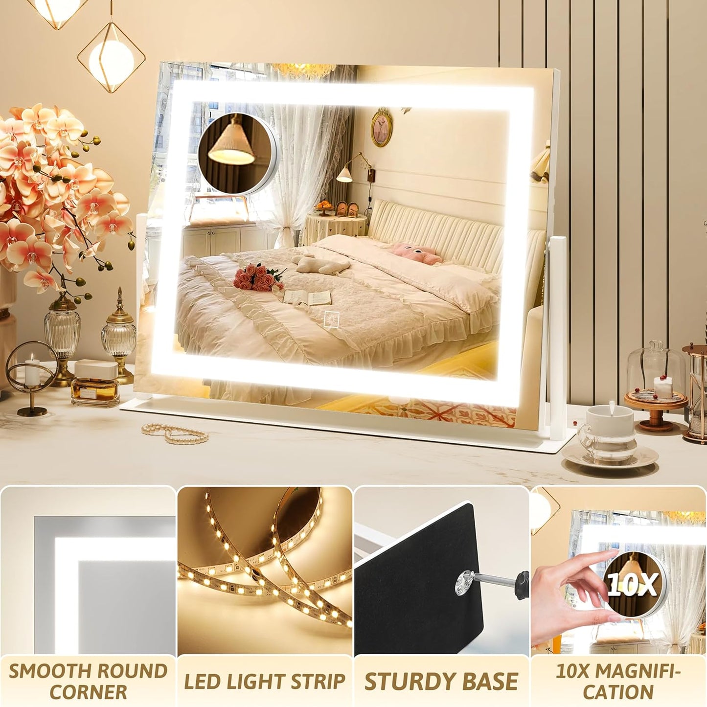 Vanity Mirror with Lights 22"x18", Lighted Makeup Mirror with 10X Magnification, Smart Touch 3 Colors Dimmable, 360° Rotation, Women Gift, Dresser Mount, Bathroom (White)