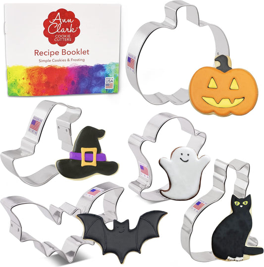 Halloween Cookie Cutters Premium 5-Pc. Set Made in USA by Ann Clark, Pumpkin, Ghost, Bat, Black Cat, Witch Hat
