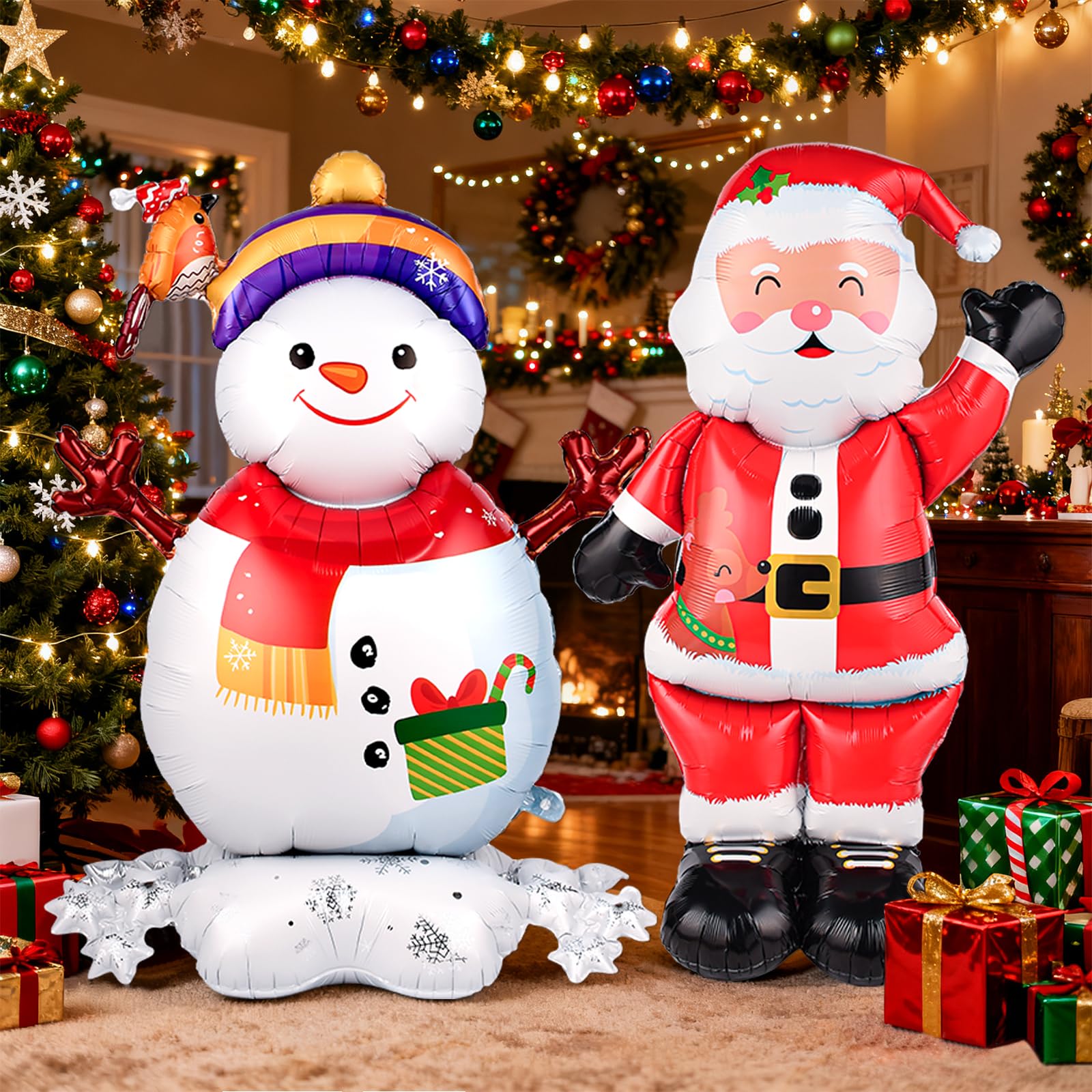 2Pcs 62 Inch Self Standing Santa Claus Balloons Giant Snowman Mylar Balloon Christmas Party