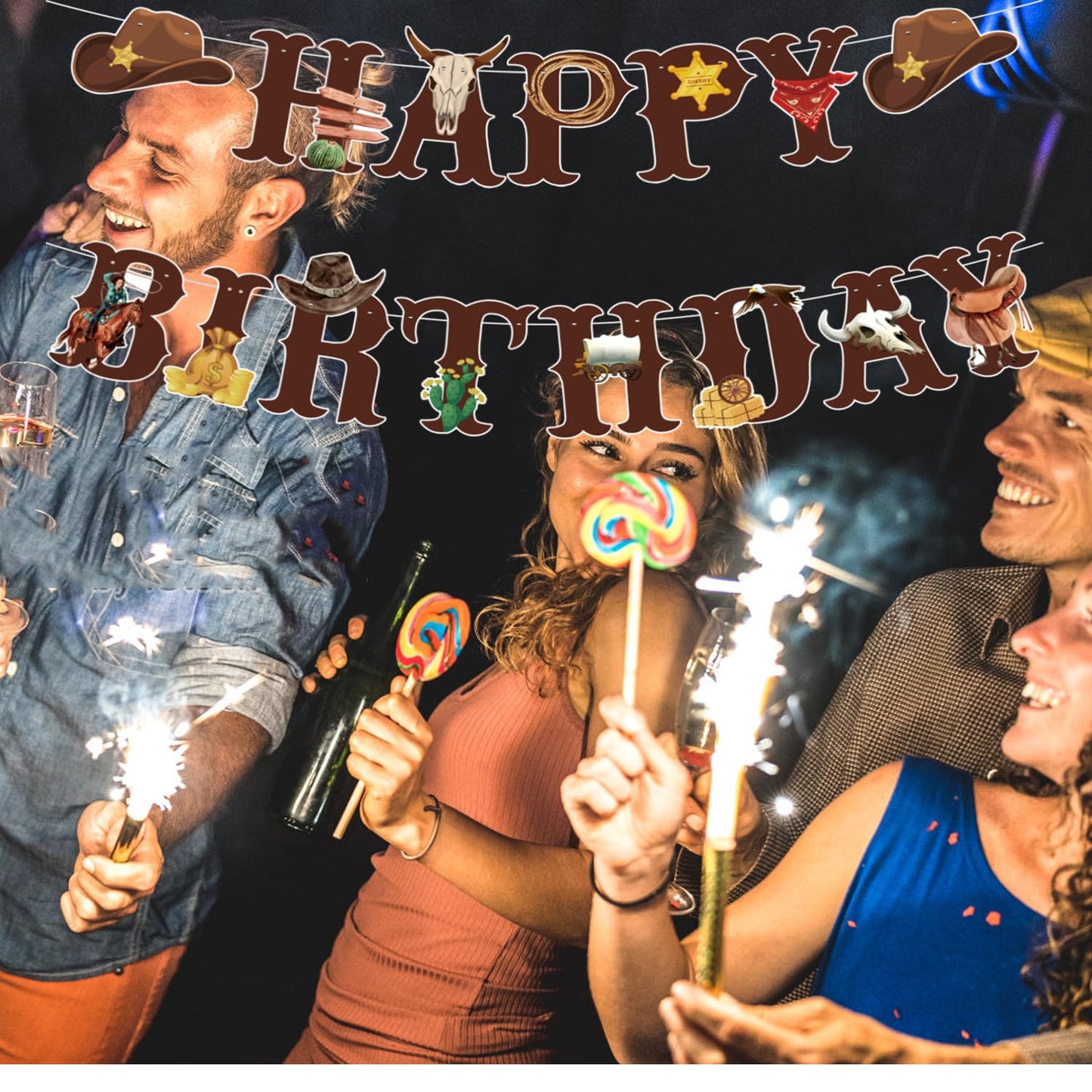 Western Cowboy Theme Wild West Party Decoration,Pre-Strung Happy Birthday Banner,Retro Horse Rodeo
