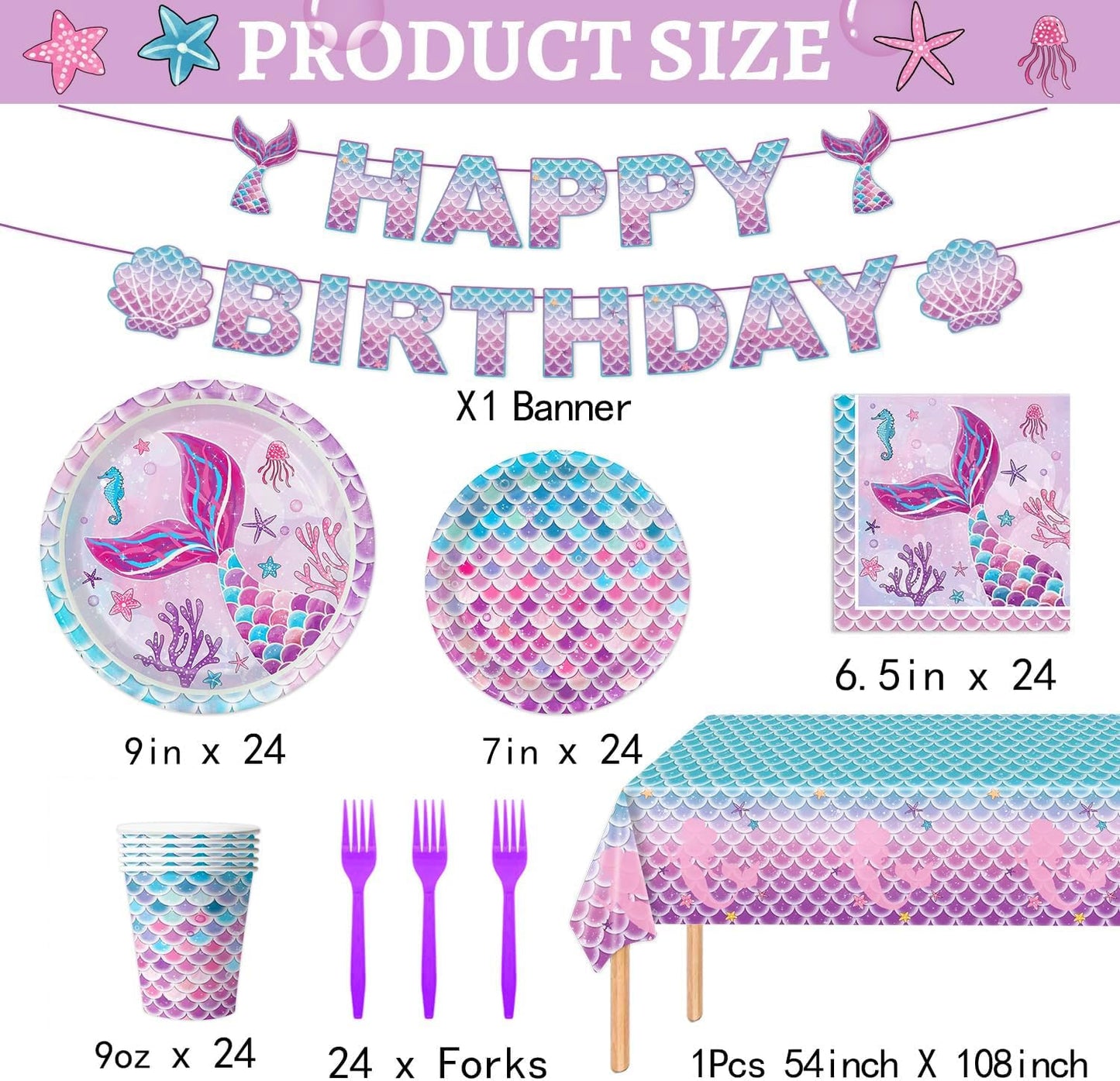 122Pcs Mermaid Birthday Party Decorations Set Mermaid Party Supplies Includes Plates, Napkin, Fork