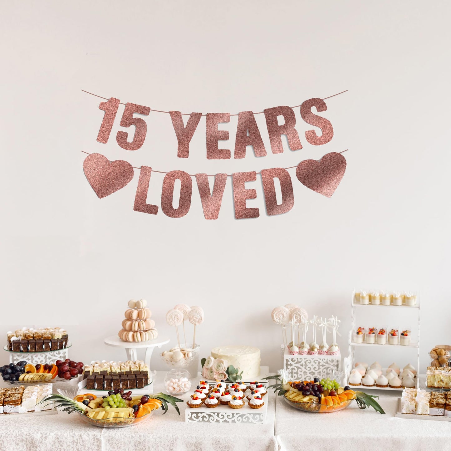 15th Birthday Party Decorations for Girls, Pre-Strung 15 YEARS LOVED Banner - Rose Gold Glitter