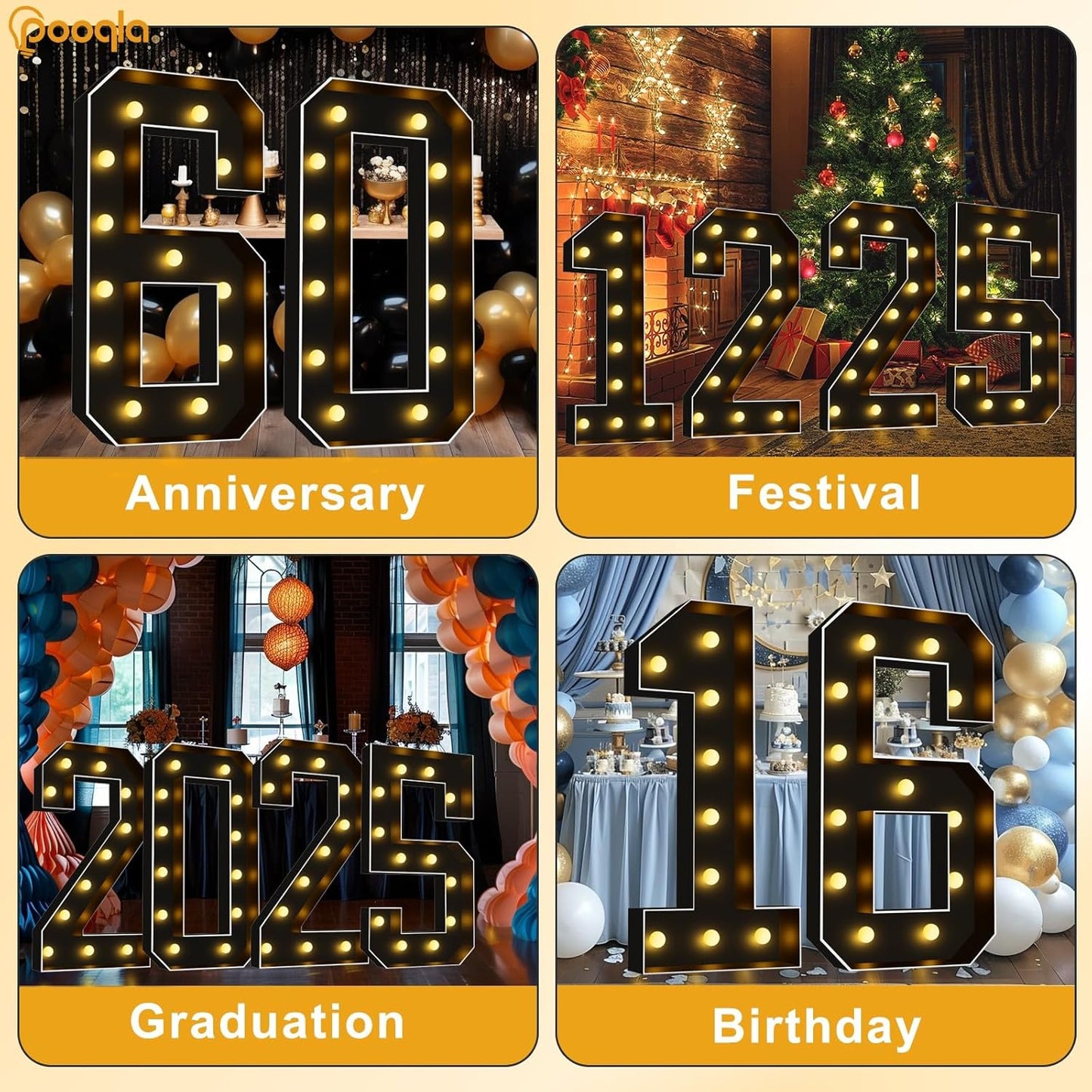 Pooqla 4 FT Light Up Marquee Numbers, Black Marquee Number Lights 4 Feet Tall for 8th 18th 80th Birthday, Giant Letter Big Mosaic Numbers for Balloons Party Anniversary Wedding Decorations, Number 8