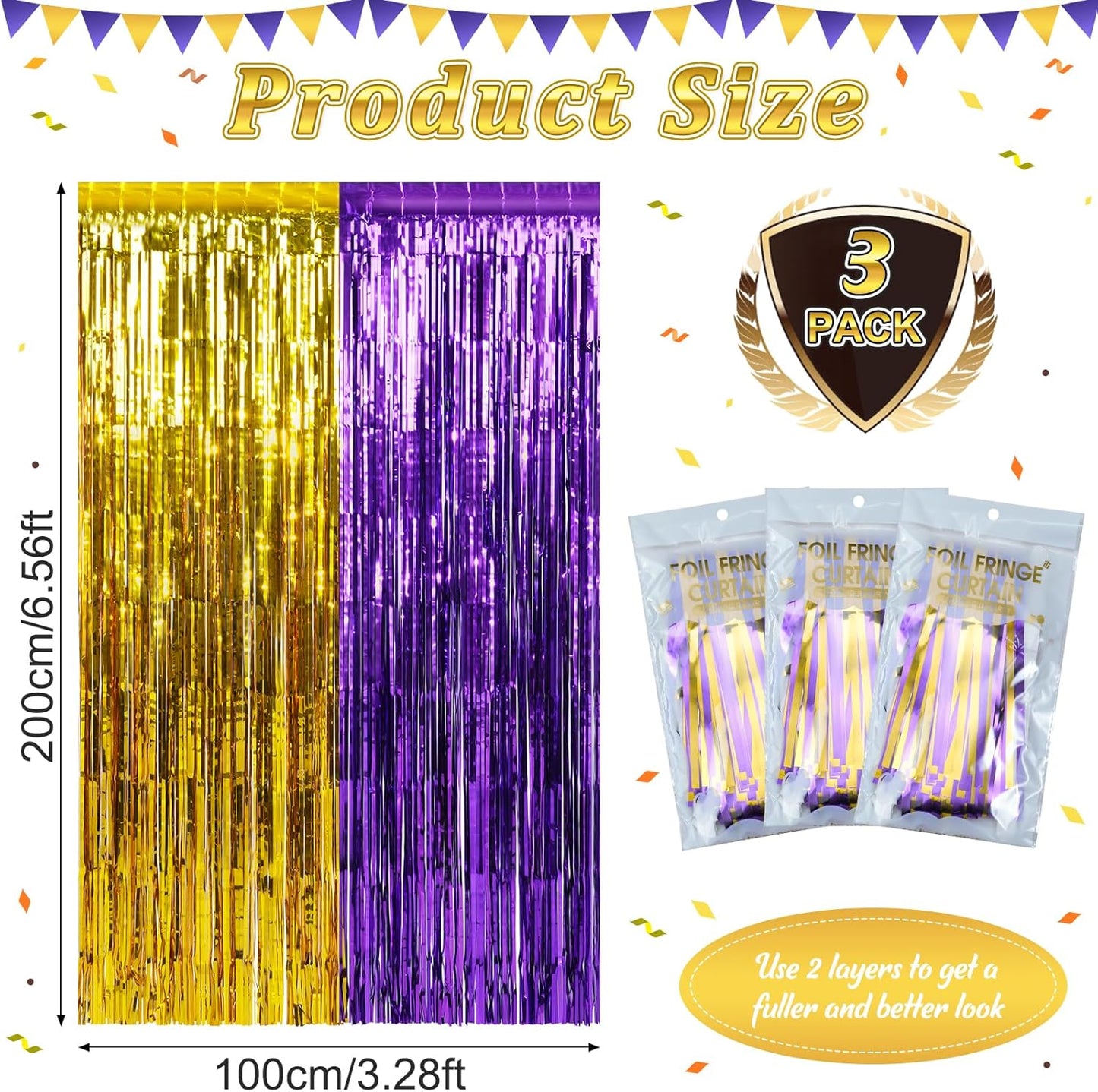 3Pack 3.3Ft x 6.6Ft Graduation Foil Fringe Curtain Backdrop Decorations, Purple Gold Metallic Tinsel Foil Streamers Curtain Photo Booth Background for Graduation Prom Wedding Birthday Party Decoration