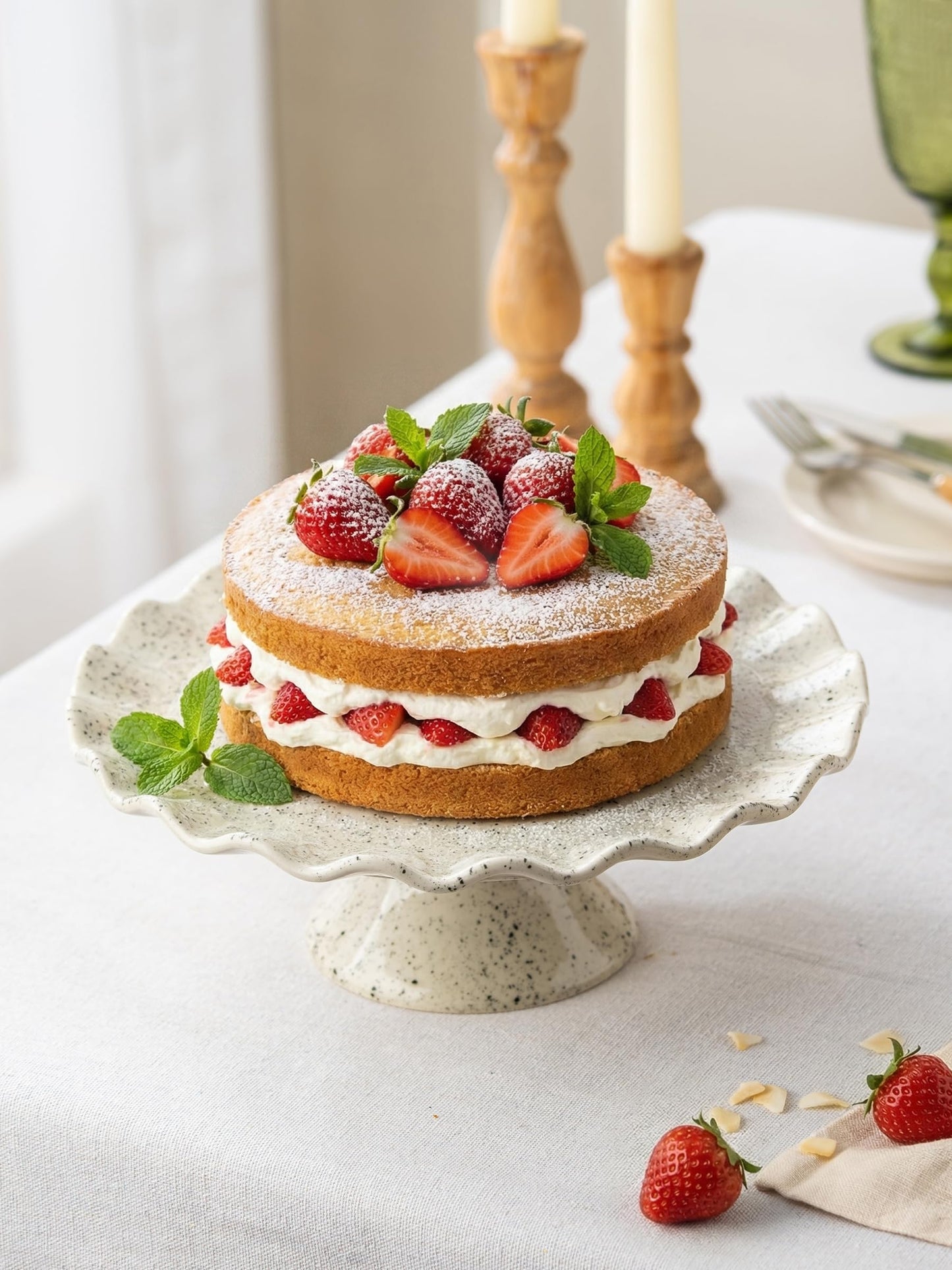 YHOJOY Ceramic Cake Stand, Small Cake Plate for 8 Inch Cake, Speckled White