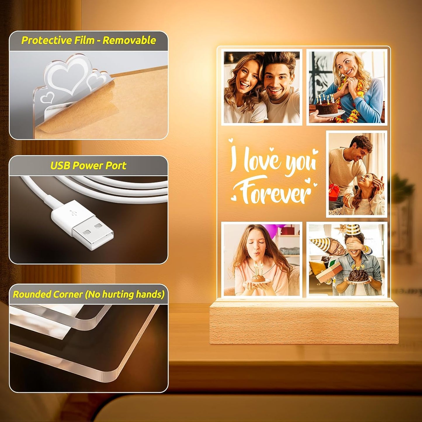 Custom Picture Frames with Photos, Customized Photo Frame with Night Light, Personalized Picture Frame, Personalized Anniversary Birthday Gifts for Women Men Him Her Girlfriend Boyfriend Couples