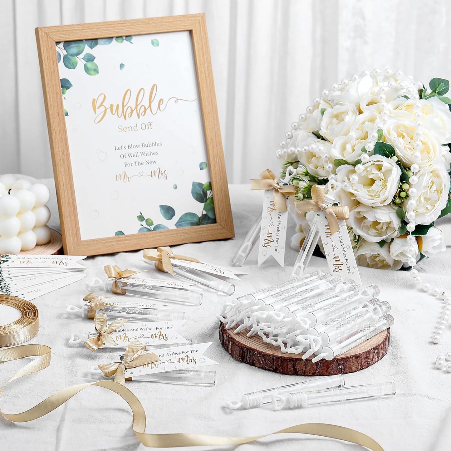 405 Pcs Wedding Bubbles Wands Set Include Heart Bubble Wands Bubbles Send Off Cards Gift Tags Wood Photo Frame Ribbons for Wedding Send Off Party Favors(Champagne Gold)