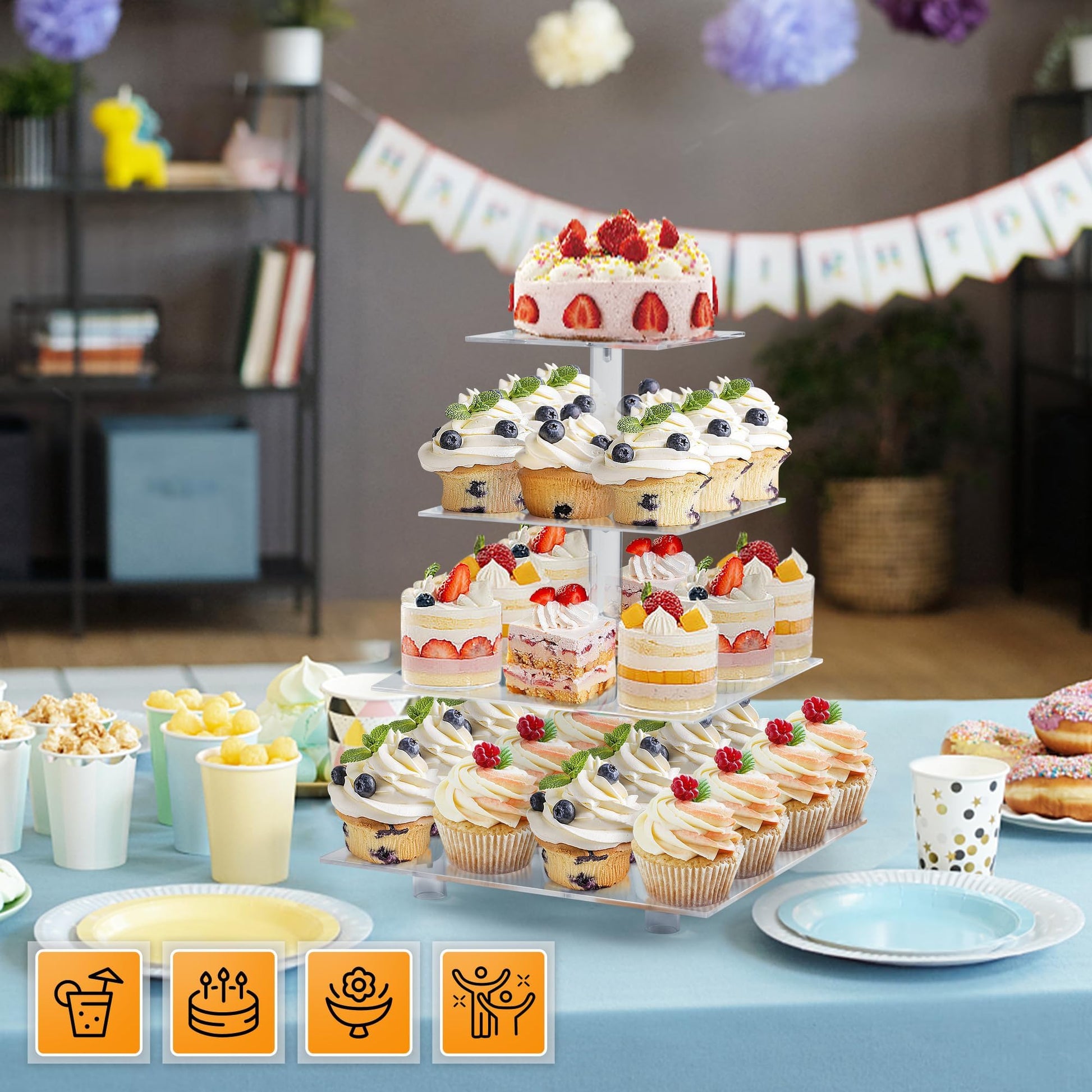 LoveDisplay Cupcake Stand, 4 Tier Cupcake Stand for 50 Cupcakes, Square Tiered Cupcake Tower, Clear