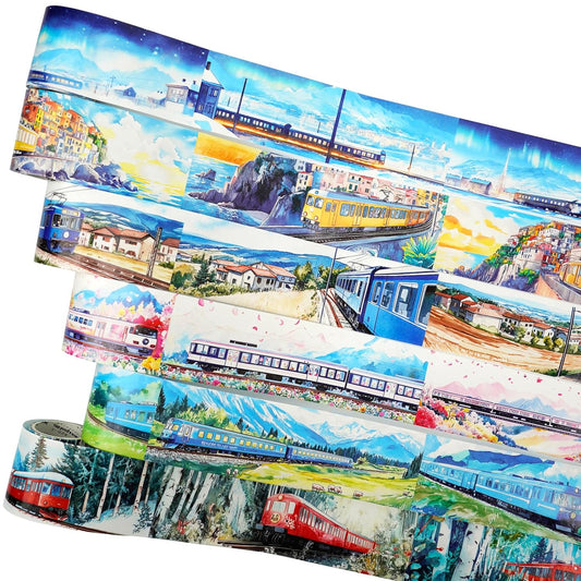 Train Scenery Washi Tape Set ??6 Rolls Travel & Nature Inspired with Clip for Scrapbook Journals DIY Crafts Decoration 1.97"x78.7" 39.37in per Loop