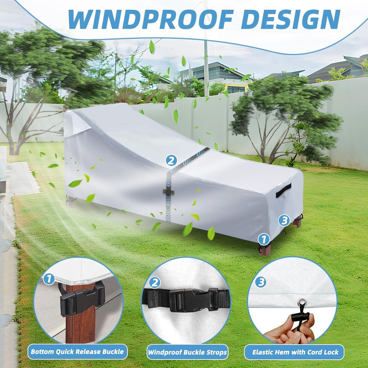 Patio Chaise Lounge Cover with Handles, Outdoor Lounge Chair Cover Waterproof UV Resistant, Patio Furniture Covers with Air Vent (84L x 32W x 32H) inch