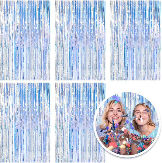 5 Pack Foil Curtain Backdrop Iridescent Metallic Tinsel Foil Fringe Curtains Photo Booth Props for Birthday Wedding Engagement Baby Shower Bachelorette Christmas Holiday Celebration Party Decorations