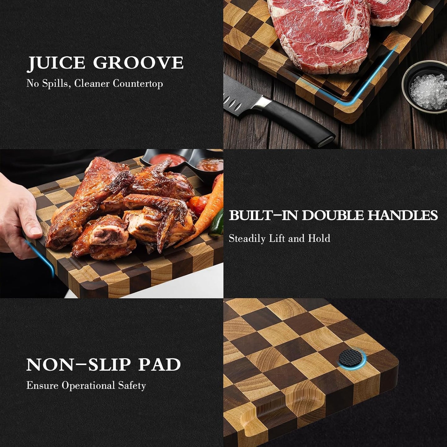 Checkered Cutting Boards for Kitchen, Wood Cutting Board Sets, Walnut Rubber & Wooden Chopping Boards with Anti-Slip Base and Guide Groove, Chessboard Carving Used for Cutting Vegetables Fruits & Meat