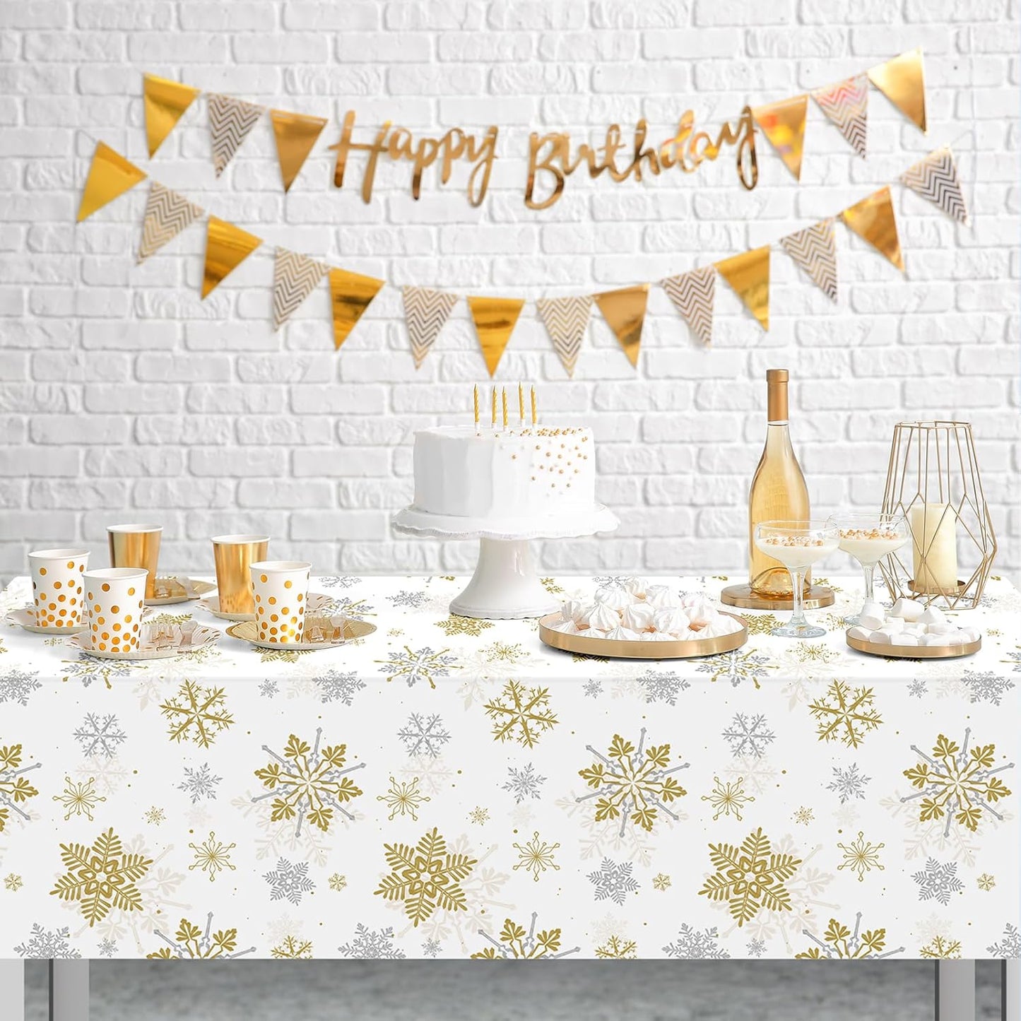 6Pcs Christmas Snowflake Party Tablecloths Decorations,Plastic White and Gold Table Cloth,Winter Rectangle Table Cover for Christmas New Year Birthday Baby Shower Holiday Party Decorations,54x108 inch