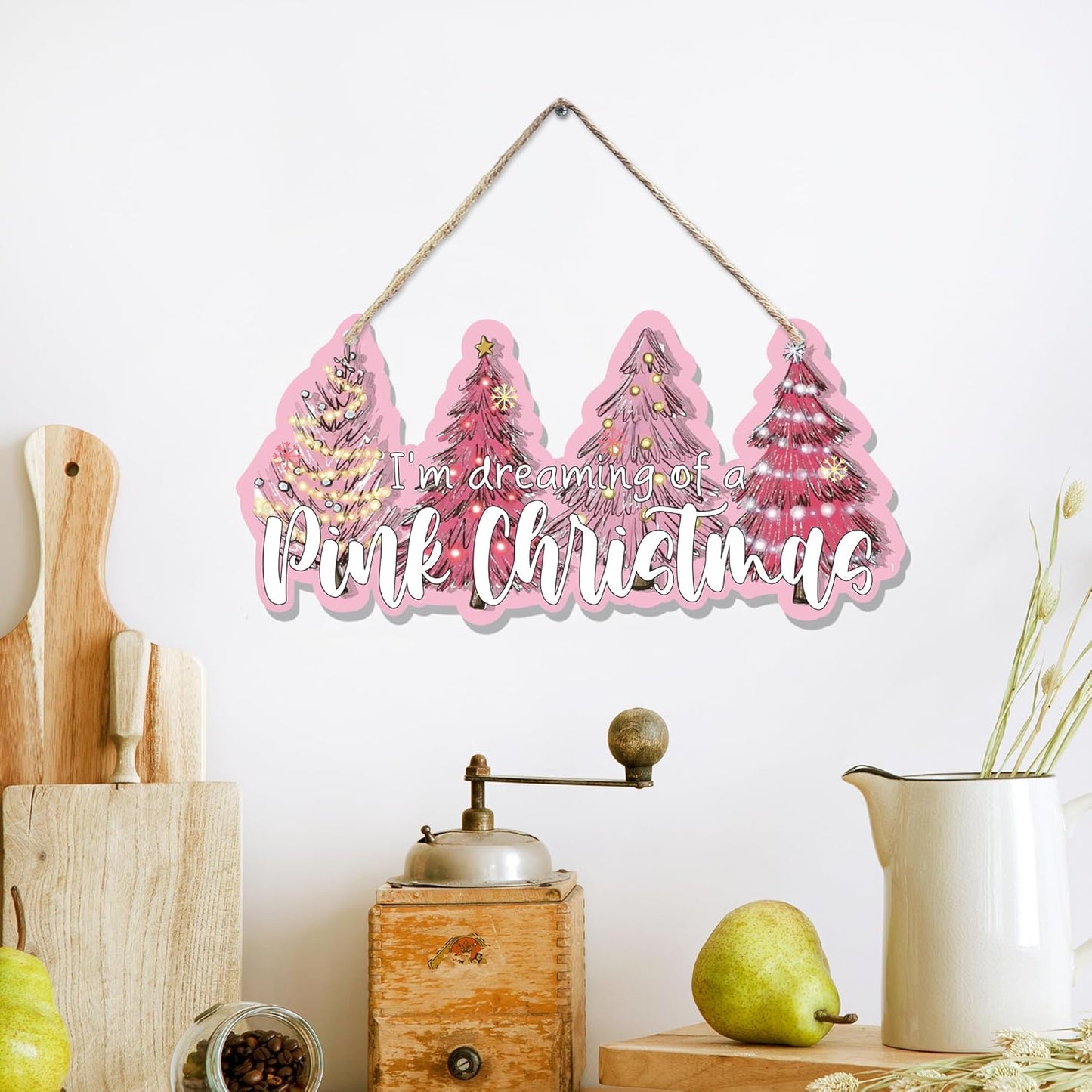 CGBHW Pink Christmas Tree Wooden Sign, I’m Dreaming of a Pink Christmas Snowflake Decoration Hanging Sign Wall Decor, Winter Holidays Theme for Home Office Girls College Dorm Door Decor 12 x 6 Inch