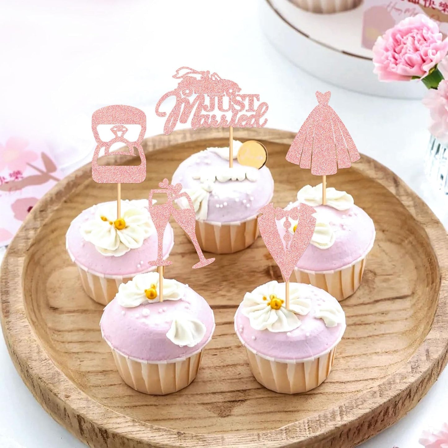 25 Pcs Bride and Groom Cupcake Toppers Wedding Dress Diamond Ring Cupcake Picks Bridal Shower Wedding Engagement Anniversary Party Cake Decorations Supplies Rose Gold