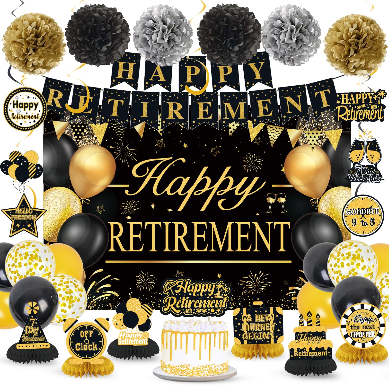 Retirement Party Decorations for Men Women Black Gold Happy Retirement Banner Backdrop Balloons