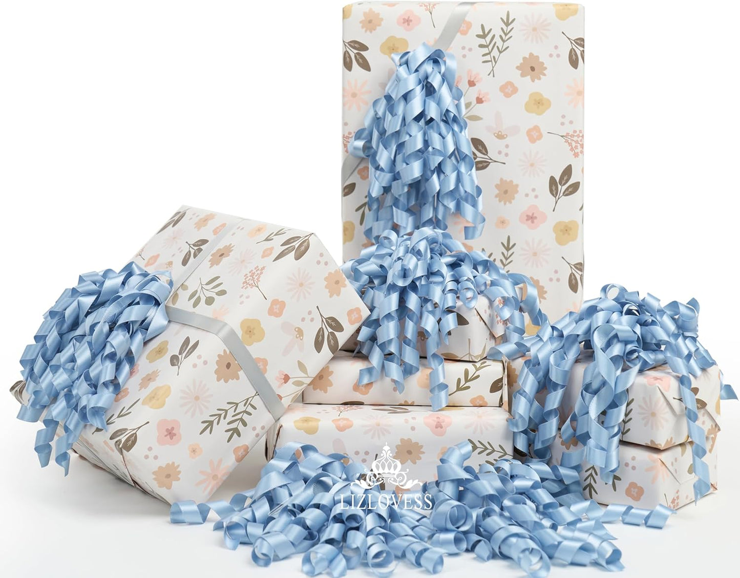 6 Inch Dusty Blue Curly Bows for Gift Wrapping Set of 6, Self Adhesive Bows French Blue Gift Bows for Presents, Satin Ribbon Bows for Birthday, Wedding, Christmas, Bridal Shower