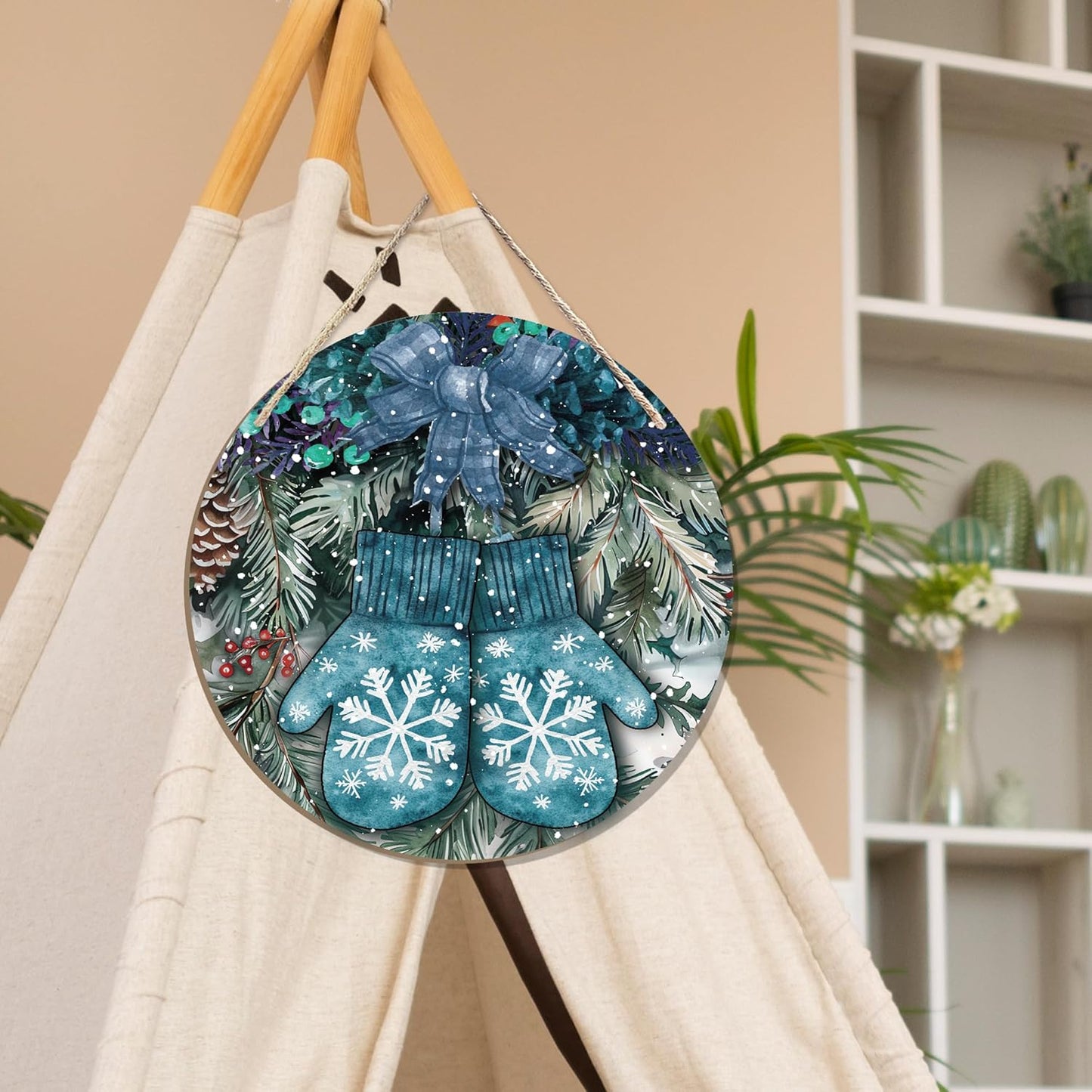 Navy Blue Winter Christmas Wooden Sign, Winter Snowflake Gloves Blue Plaid Bow Decoration Hanging Sign Wall Decor, Farmhouse Seasonal Holidays Wooden Signs for Home Door Decor 12 x 12 Inch