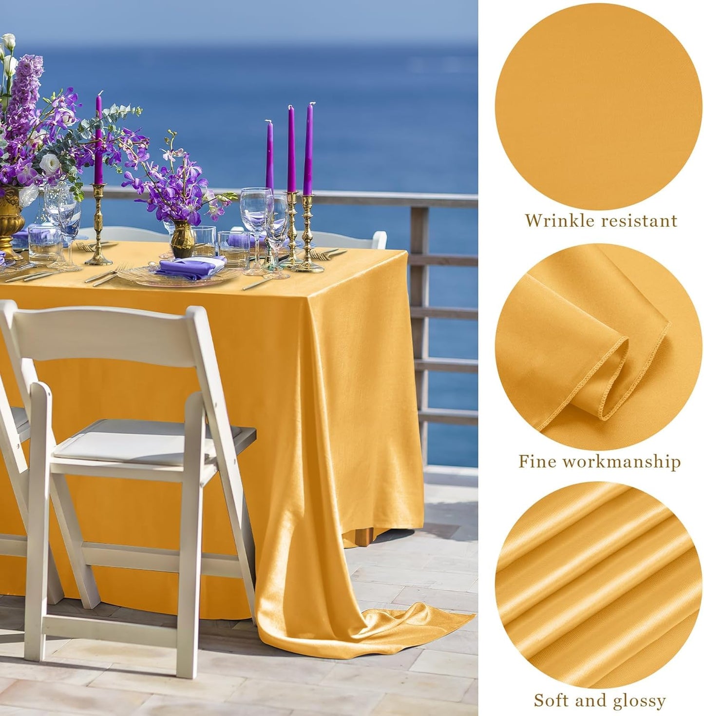 TURSTIN 1 Pack Gold Satin Tablecloth 102 x 58 Inch Overlay Satin Table Cover Rectangle Bright Silk Tablecloth Smooth Fabric Table Decoration for Wedding Banquet Party Events
