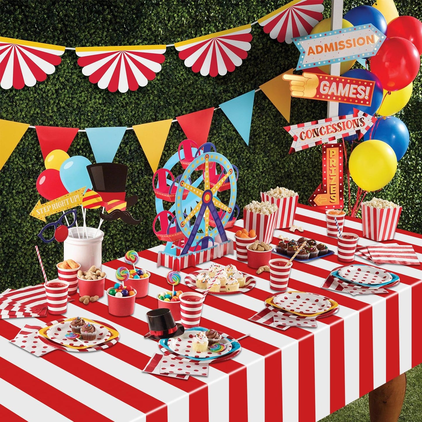 4 Pcs Carnival Tablecloths, Red and White Stripe Tablecloths, Red Plastic Table Cover, Circus Theme