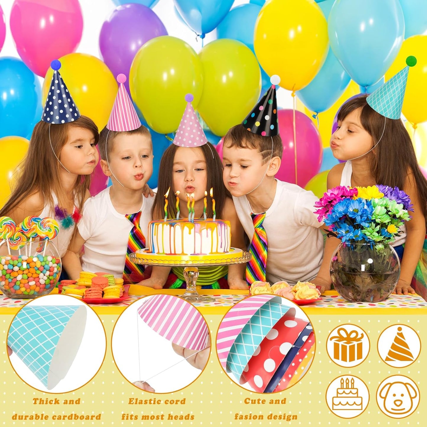 116 PCS Birthday Party Cone Hats Assorted Colors Cone Paper Hat with Colorful Blowers and Metallic Fringed Noise Makers Blowouts for Kids Adults Birthday Baby Shower Party Supplies