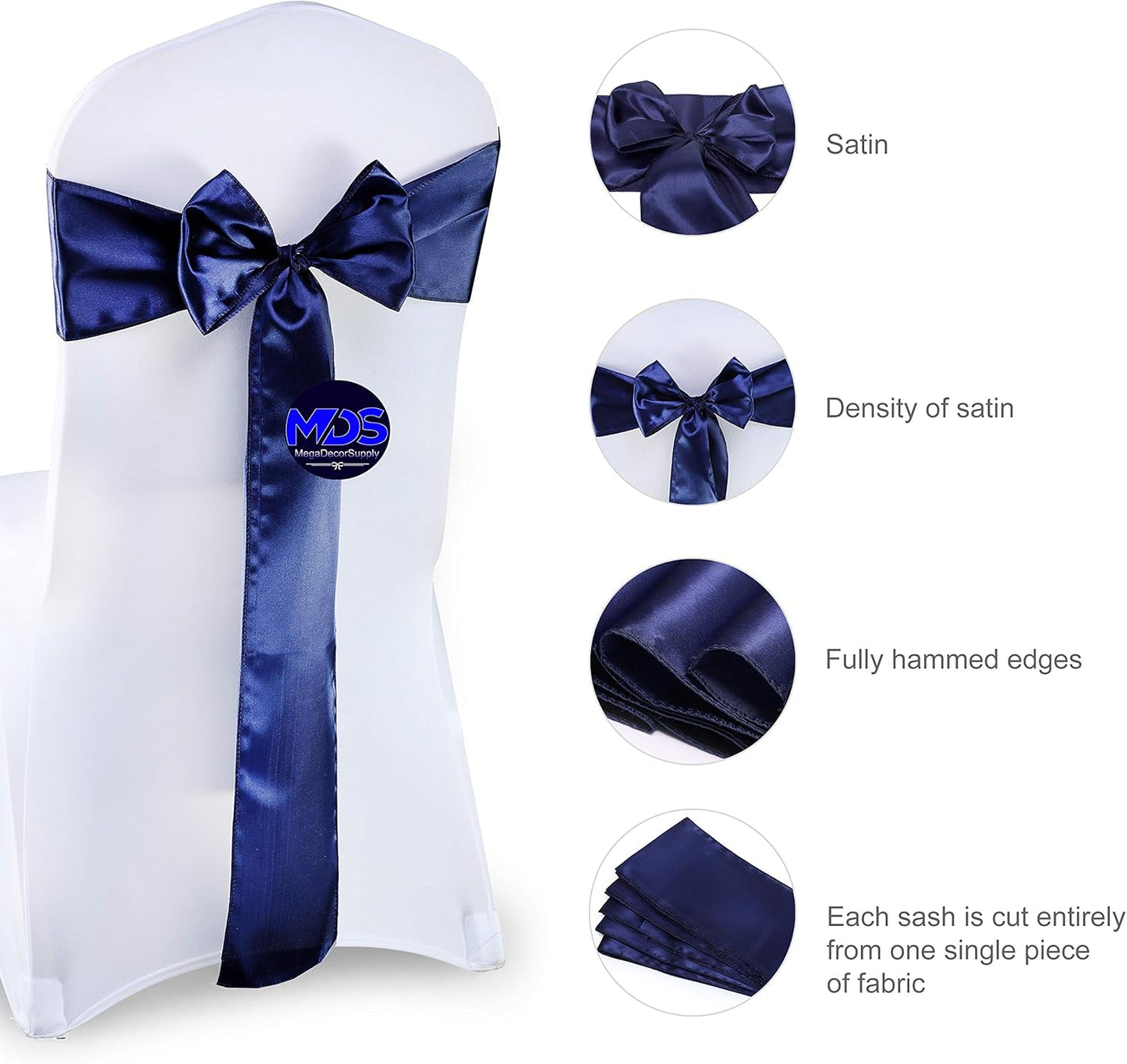 MDS Pack of 75 PCS Satin Chair Sashes Charmeuse Sateen Dining Chair Bows Ribbon Ties Back Sash for Wedding Party Birthday Home Hotel Restaurant Banquet Decoration (7 x 108 Inch, Navy Blue)