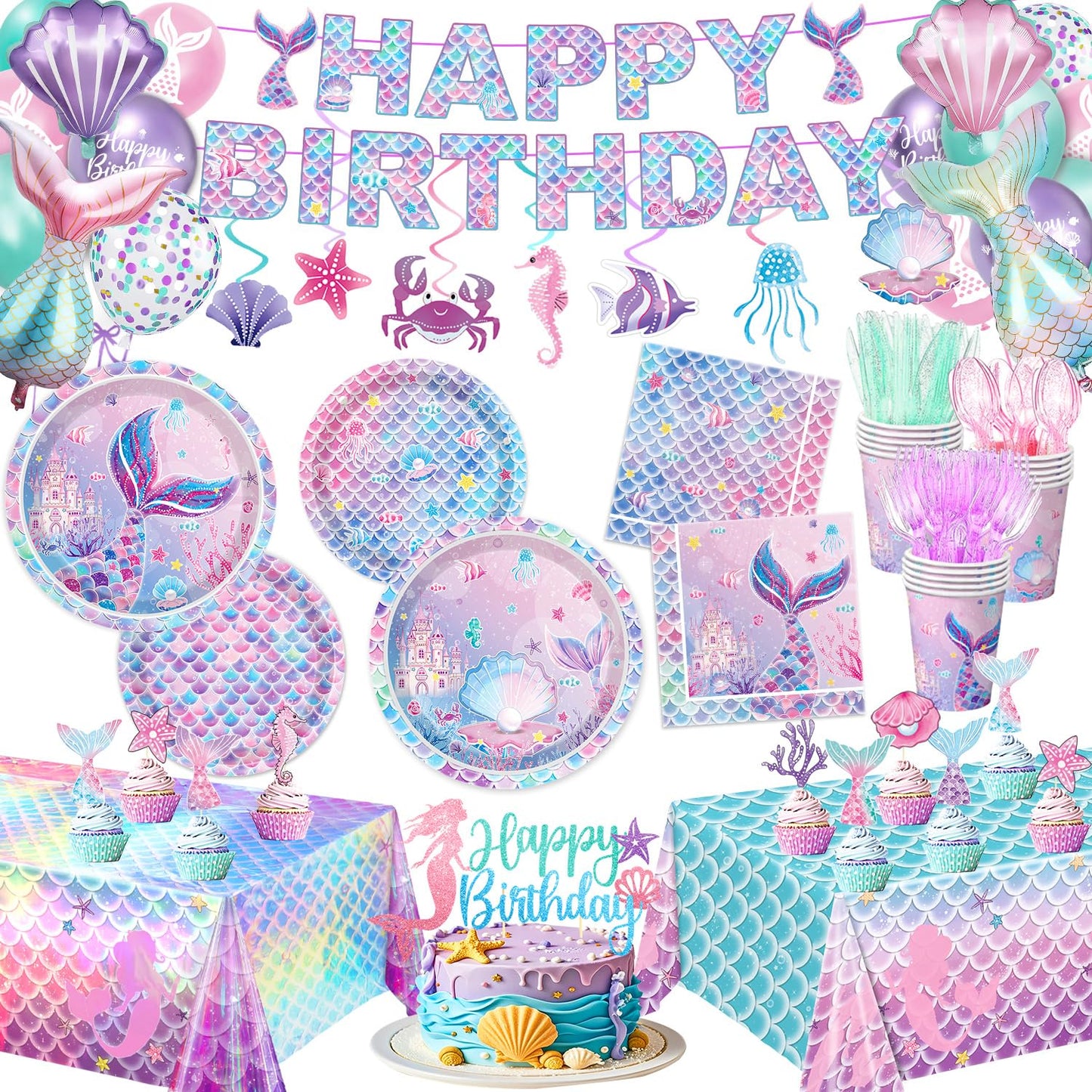 NKPDAXM Mermaid Birthday Decorations Include Plates, Napkins, Cups, Cutlery, Hanging Swirls
