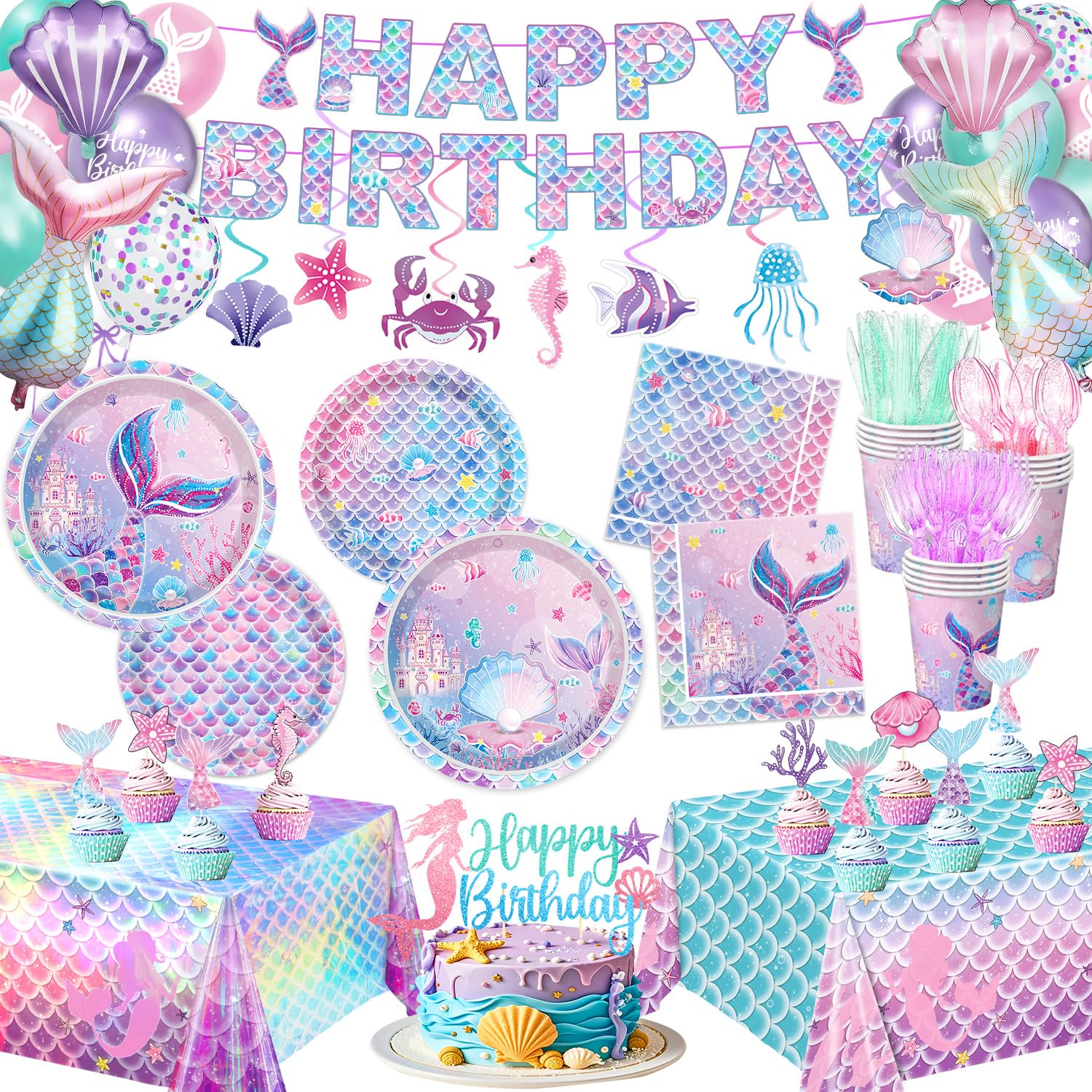NKPDAXM Mermaid Birthday Decorations Include Plates, Napkins, Cups, Cutlery, Hanging Swirls