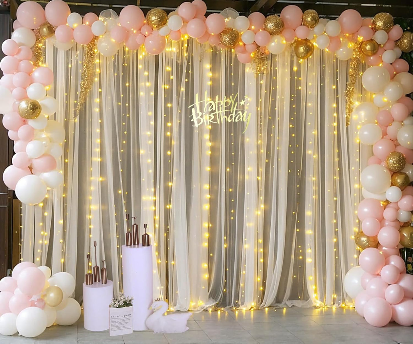 10ft x 10ft Champagne Tulle Backdrop Curtain with Lights String for Parties Wedding Bridal Shower Sheer Champagne Curtain Backdrop for Birthday Party Baby Shower Photo Booth Decorations