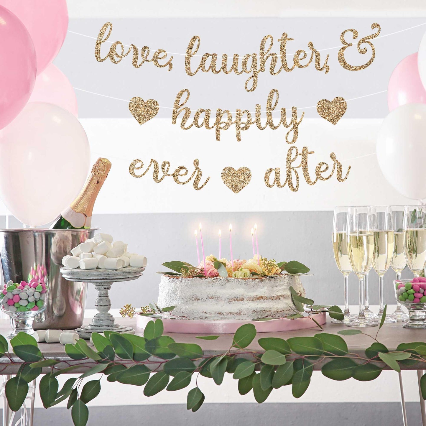 Pre-Strung Love Laughter & Happily Ever After Banner - Gold Bridal Banner