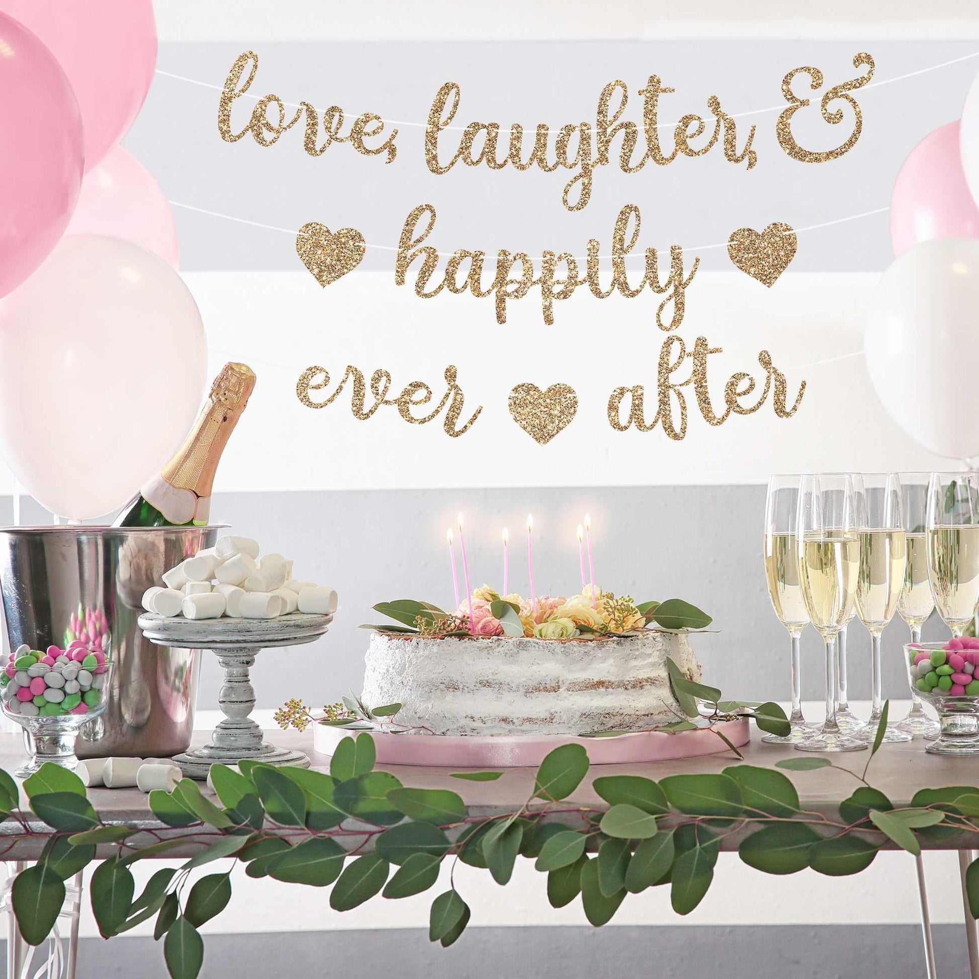 Pre-Strung Love Laughter & Happily Ever After Banner - Gold Bridal Banner