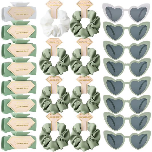 Bridesmaid Scrunchies Proposal Gifts Bachelorette Hair Claws Clips Girls heart sunglasses for Wedding Party Favors (White&sage green)