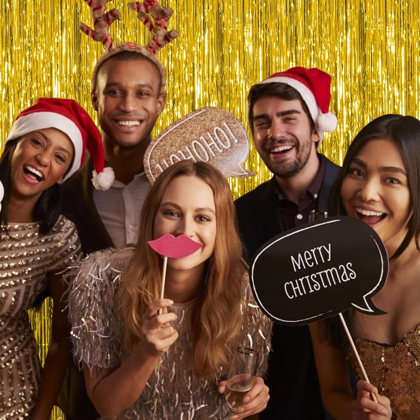 5 Pack Foil Curtain Backdrop Gold Metallic Tinsel Foil Fringe Curtains Photo Booth Props for Birthday Wedding Engagement Baby Shower Bachelorette Christmas Holiday Celebration Party Decorations