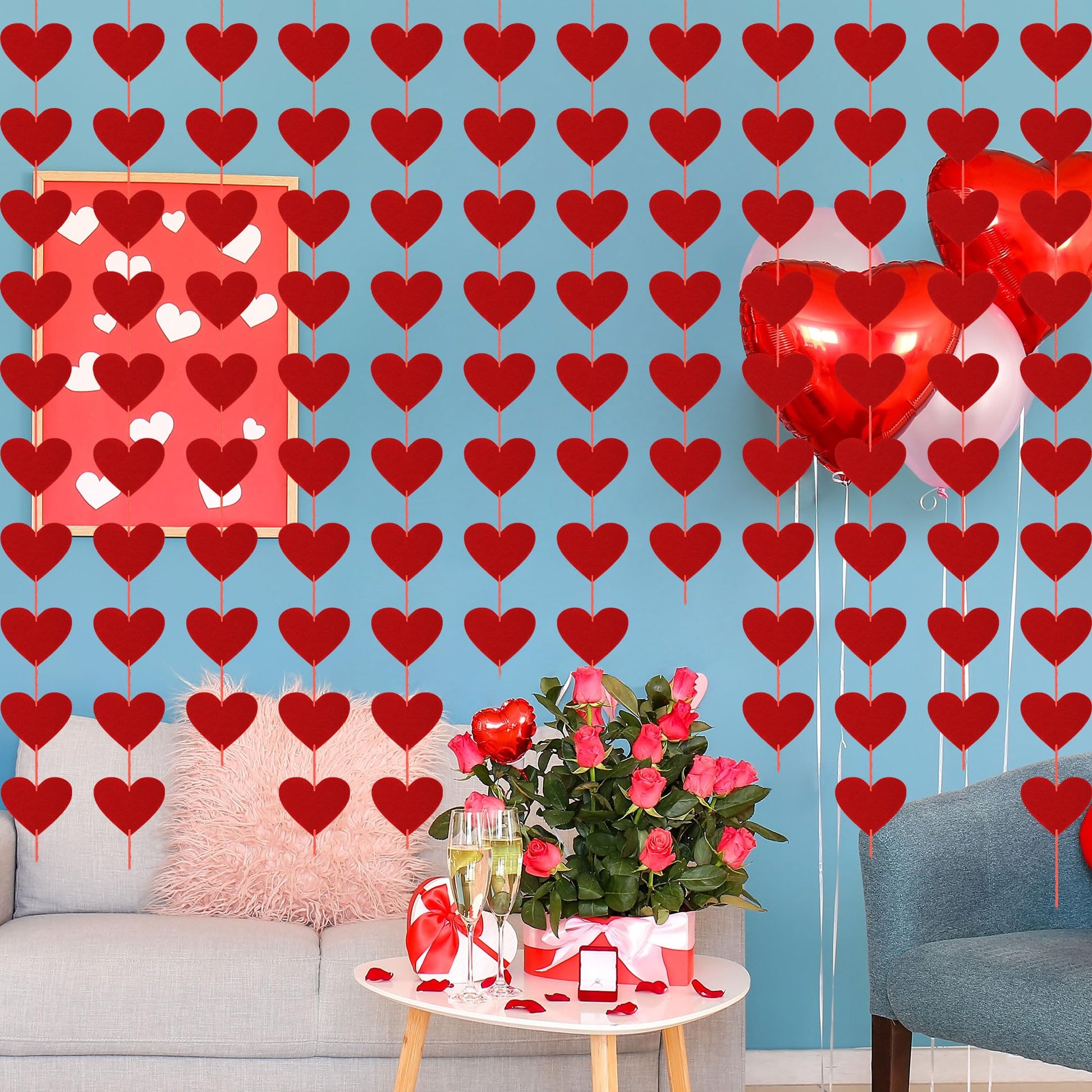 40PCS Valentines Day Decor, Red Heart Banner with Felt Hearts, Hanging Valentines Day Decoration