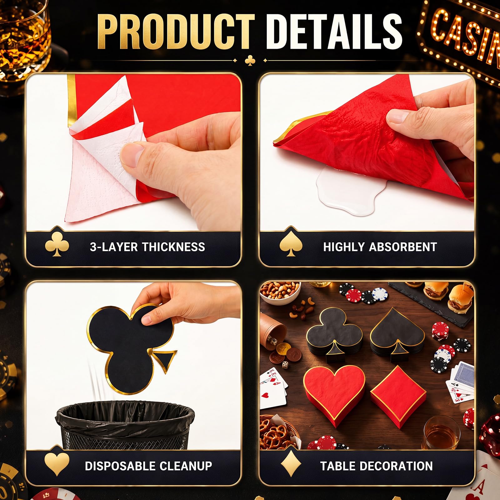Honoson Casino Napkins 100 Pack, Poker Party Supplies 4 Designs Disposable Paper Napkins for Las