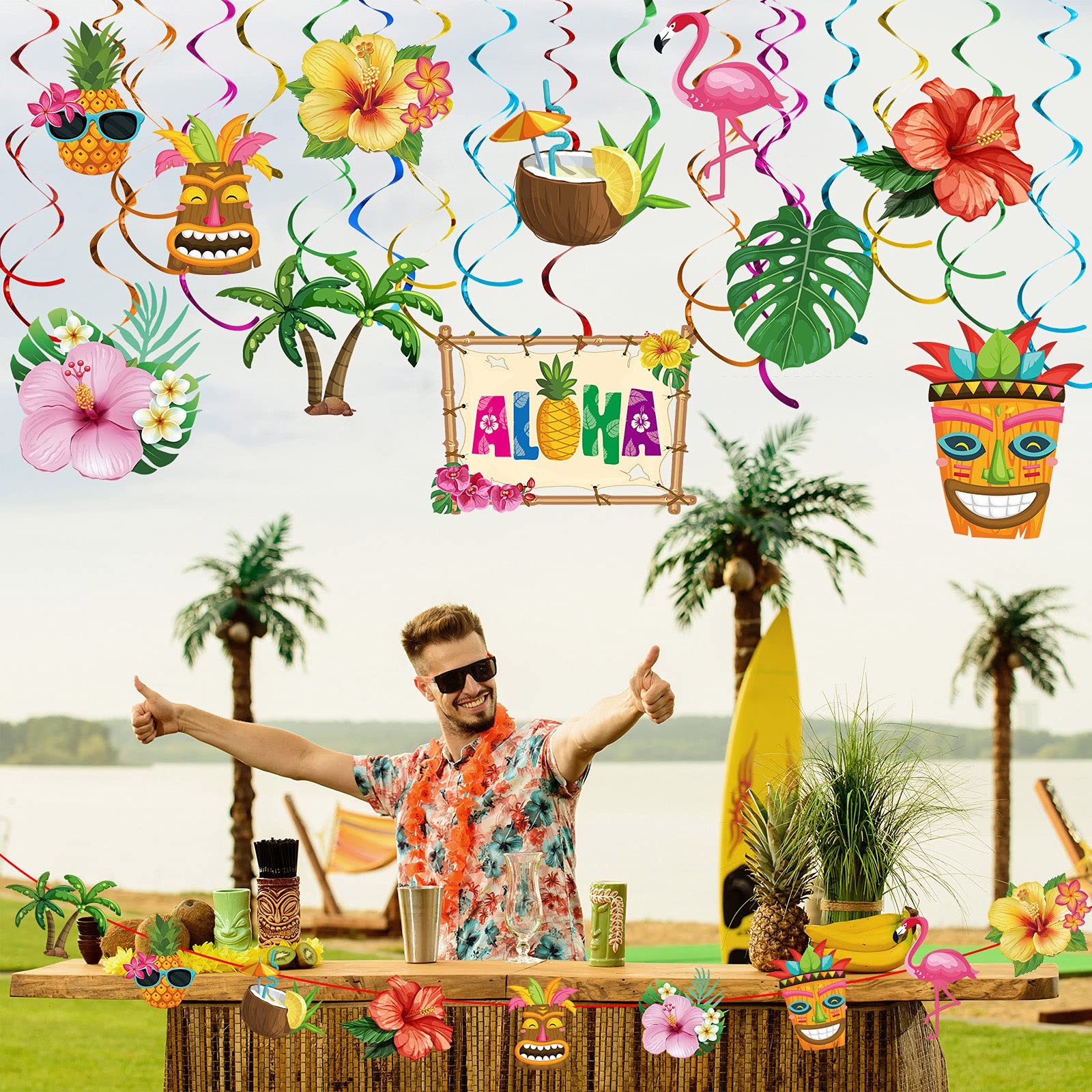 Outus 30 Pcs Hawaiian Luau Party Hanging Swirls Tropical Decor,Summer
