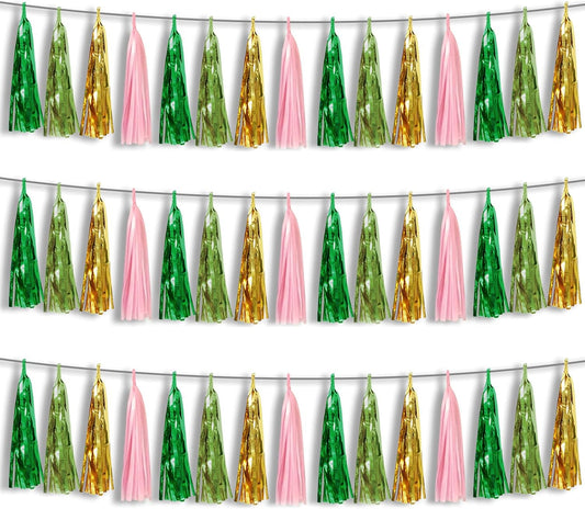 3P Sage-Green Pink-Gold Foil Fringe Metallic Tassel Garland, Tassels Banner Streamers for Parade Floats, Bachelorette, Wedding, Birthday, Halloween, Christmas, Bridal/Baby Shower Party Decorations
