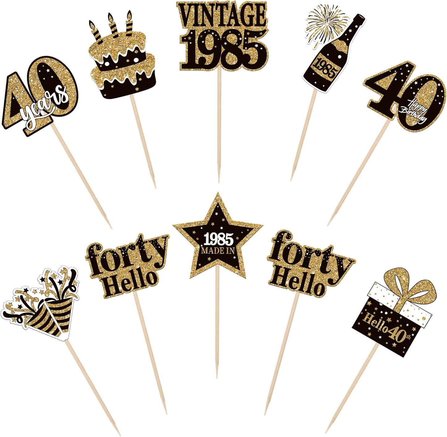 36PCS Happy 40th Birthday Cupcake Toppers Double Sided Black Gold Forty Hello 40 Vintage 1985 Cupcake Picks Cheers to 40 Years 40 Fabulous Cake Decorations for 40th Birthday Party Supplies