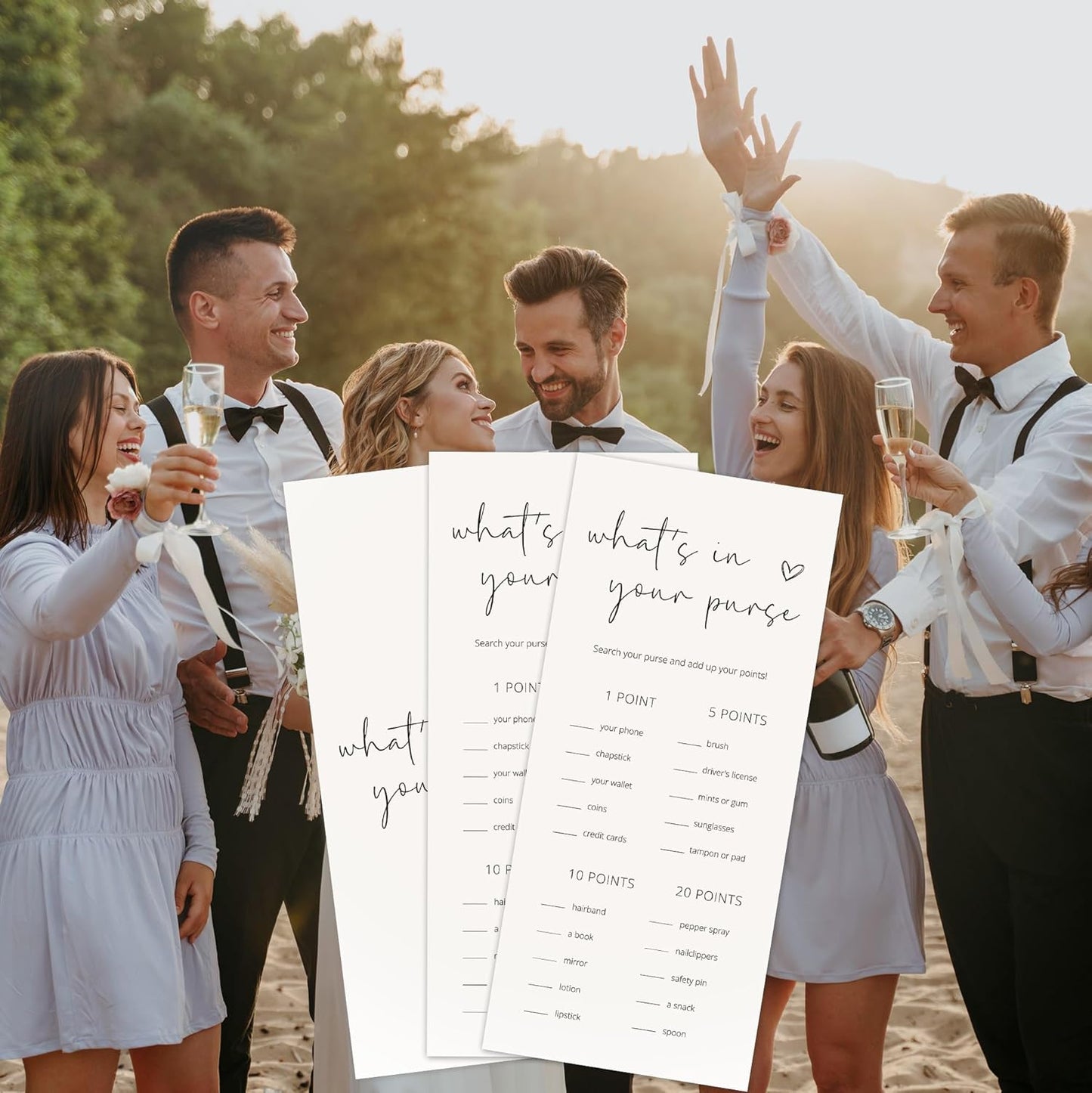 Bridal Shower Games, What's in Your Purse, 25Pcs 4x9inch Minimalist White Double-Sided Bridal Game Cards, Wedding Shower Games for Guests, Engagement Bachelorette Party Supplies - A18