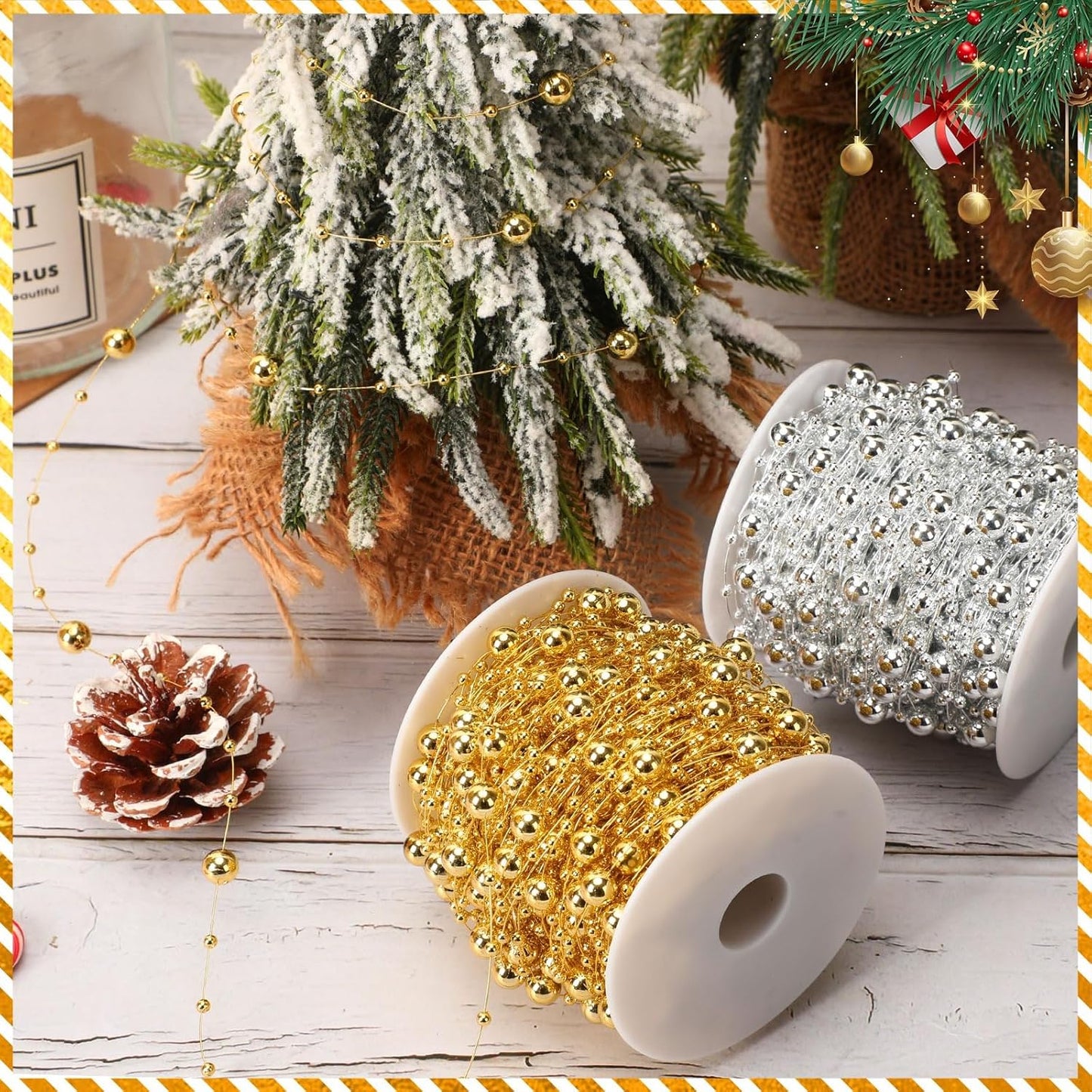 JULBEAR Beads Garland Decoration, 1Rolls 131Feet Silver Christmas Pearl Strands Chain Bead Garland for Christmas Tree Fireplace Wreath Gift Bouquet Crafts Wrapping Party Centerpieces Decoration